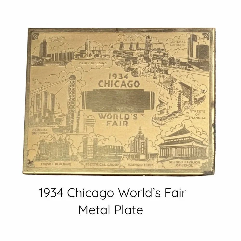 1934 Chicago Worlds Fair Etched Brass Souvenir Plate Century Of Progress 5”x4”